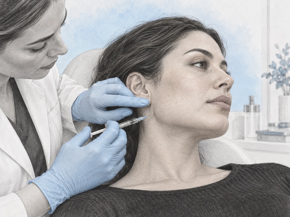 Generated illustration of a clinician preparing to discuss botulinum toxin treatment in the masseter area.