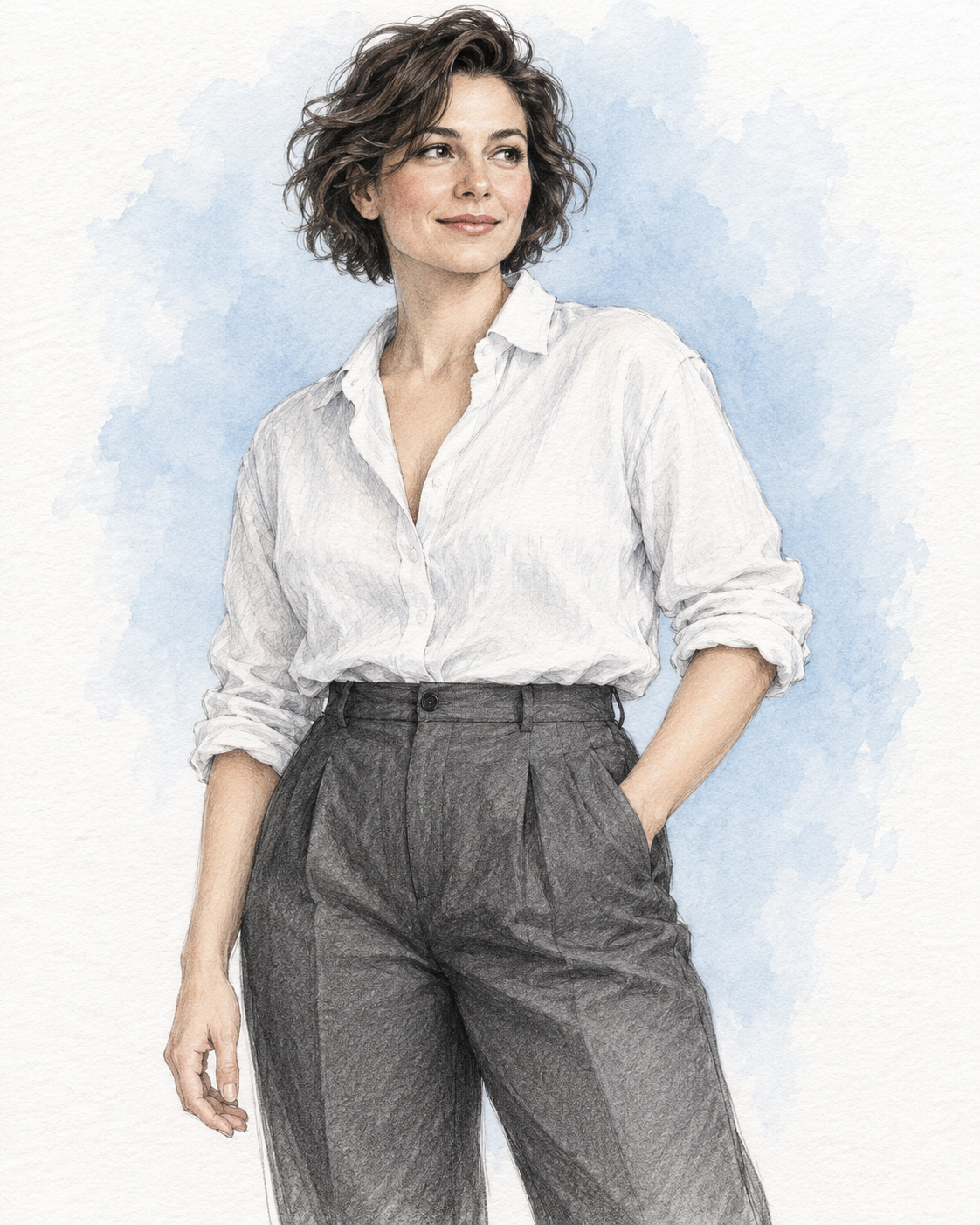 Graphite illustration of a woman in a white linen shirt and high-waisted trousers against a pale blue wash.