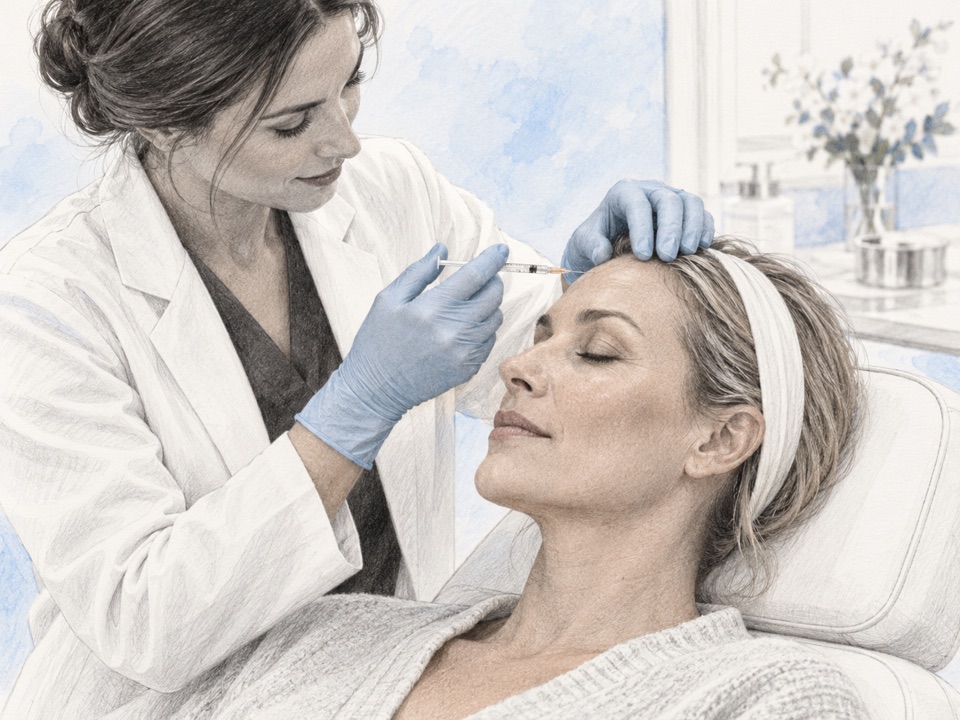 Generated illustration of a clinician preparing a small syringe near a woman’s forehead.