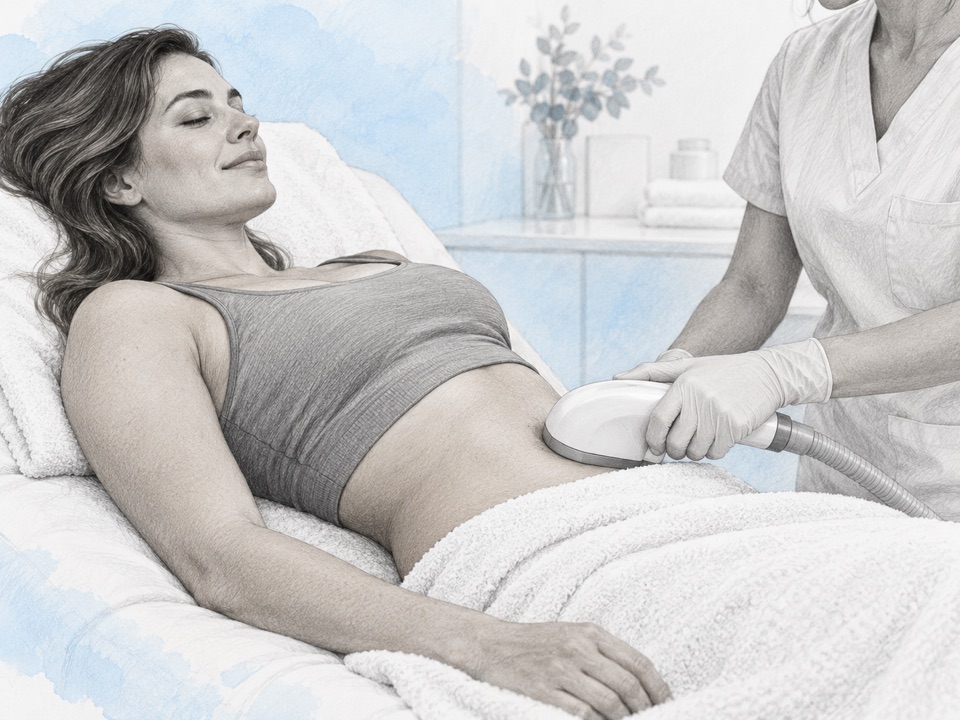 Generated illustration of a clinician holding an external contouring applicator against a small area of the abdomen.