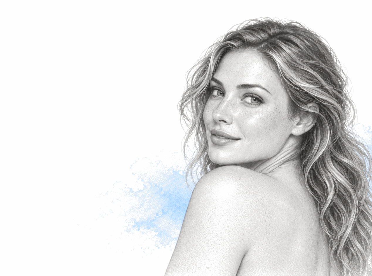 A graphite drawing of a woman looking back over a bare shoulder, with a pale blue watercolour wash low on the left.